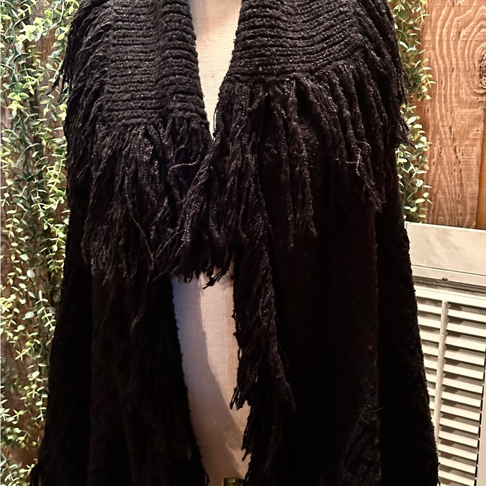 Elegant Black Fringe Sweater Cape